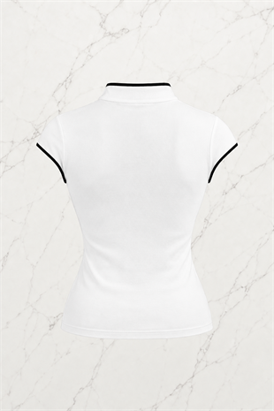 Beyaz Japones Style Mandarin Yaka Ejderha Desenli Bluz Crop