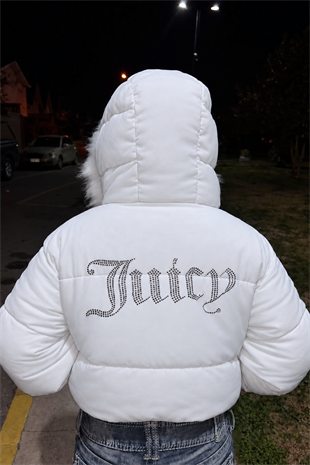 Beyaz Juicy Peluş Kapüşonlu Şişme Crop Mont