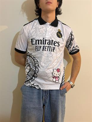 Beyaz Kitty Madrid Dragon Jersey Siyah Düğmeli Yaka T-shirt