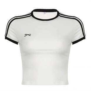 Beyaz Kurdele Detail Çizgili Crop T-shirt
