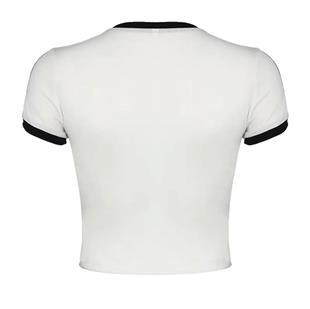 Beyaz Kurdele Detail Çizgili Crop T-shirt