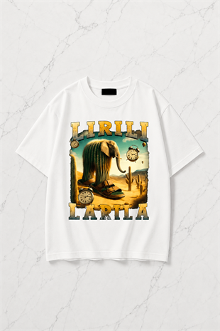 Beyaz Lirili Larila Baskılı Yıkamalı Vintage Unisex Oversize T-Shirt