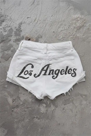 Beyaz Los Angeles Taşlı Y2K Mini Şort