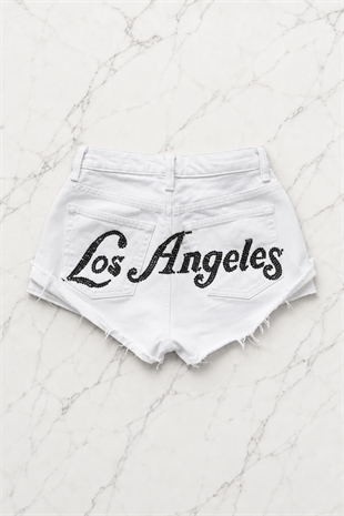 Beyaz Los Angeles Taşlı Y2K Mini Şort