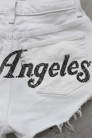 Beyaz Los Angeles Taşlı Y2K Mini Şort
