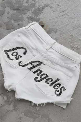 Beyaz Los Angeles Taşlı Y2K Mini Şort