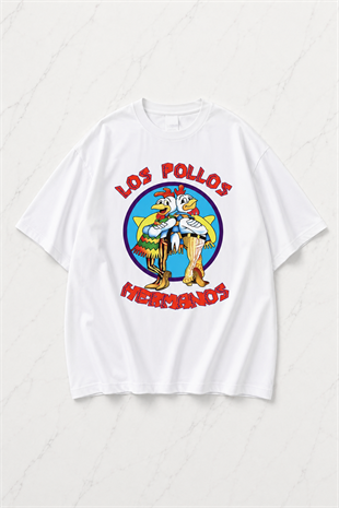 Beyaz Los Pollos Baskılı Unisex Oversize T-shirt