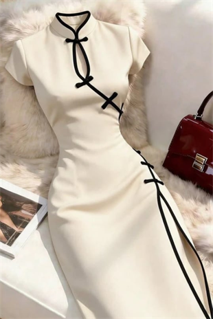 Beyaz Mandarin Yaka Siyah Şeritli Qipao Y2K Elbise