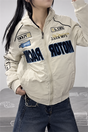 Beyaz Motor Racer Retro Y2K Unisex Ceket