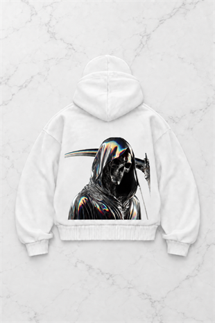 Beyaz Ölüm Meleği Baskılı Kar Maskeli Unisex Sweatshirt Hırka