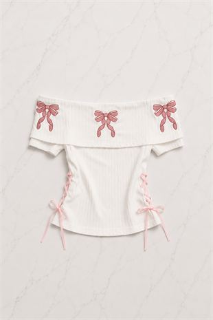Beyaz Pembe Fiyonklu Harajuku Y2K Kısa Kollu Crop