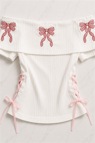 Beyaz Pembe Fiyonklu Harajuku Y2K Kısa Kollu Crop