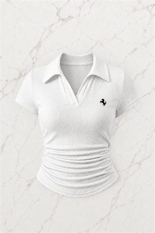 Beyaz Polo Yaka Fitilli Likralı Bluz