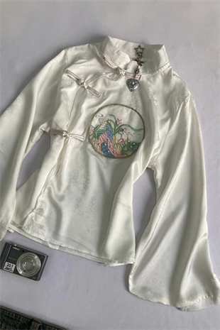 Beyaz Qipao Nakış Deatylı Y2K Uzun Kollu Crop