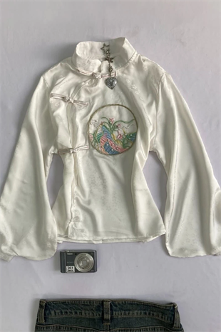 Beyaz Qipao Nakış Deatylı Y2K Uzun Kollu Crop