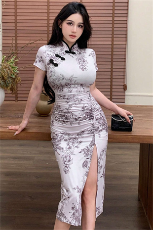 Beyaz Qipao Vintage Floral Baskılı Y2K Elbise