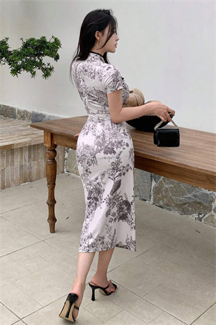 Beyaz Qipao Vintage Floral Baskılı Y2K Elbise