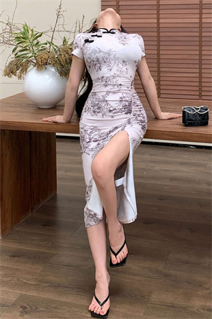 Beyaz Qipao Vintage Floral Baskılı Y2K Elbise