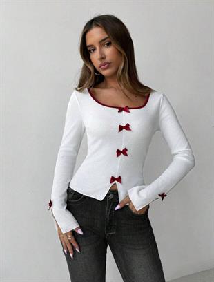 Beyaz Ribbon Dekolteli Uzun Kollu Crop