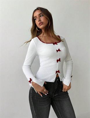 Beyaz Ribbon Dekolteli Uzun Kollu Crop