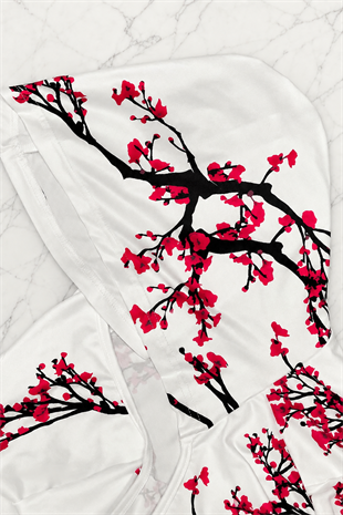 Beyaz Sakura Kapüşonlu Harajuku Y2K Uzun Kollu Crop