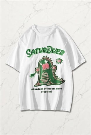 Beyaz SaturDuer Baskılı Kısa Kol Oversize T-Shirt