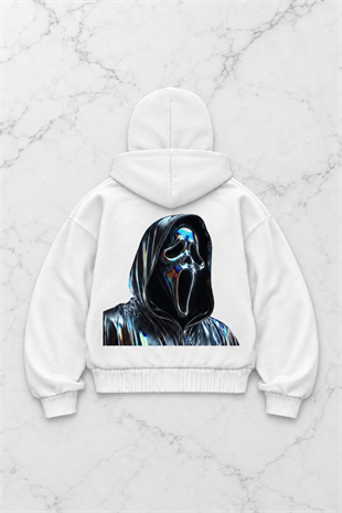 Beyaz Scream Holo Baskılı Kar Maskeli Unisex Sweatshirt Hırka