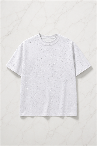 Beyaz Shine Parıltılı Simli Oversize Unisex T-shirt