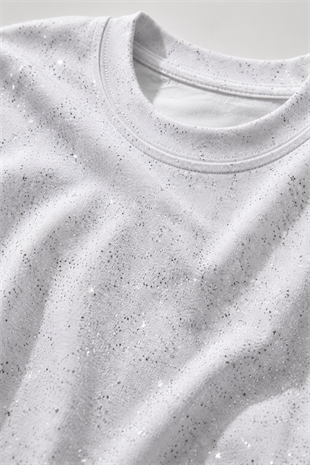 Beyaz Shine Parıltılı Simli Oversize Unisex T-shirt