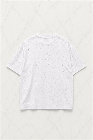 Beyaz Shine Parıltılı Simli Oversize Unisex T-shirt