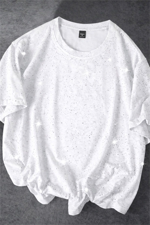 Beyaz Shine Parıltılı Simli Oversize Unisex T-shirt