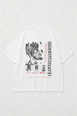 Beyaz Sılent Hıll Baskılı Unisex Oversize T-shirt