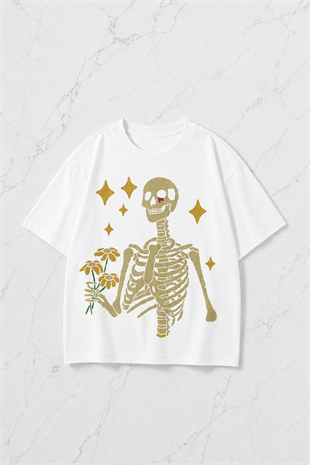 Beyaz Skeleton Kısa Kol Oversize T-Shirt