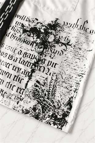 Beyaz Skull Gotik Siyah Kravat Zincir Baskılı Grunge Y2K Unisex Gömlek