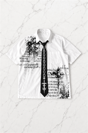 Beyaz Skull Gotik Siyah Kravat Zincir Baskılı Grunge Y2K Unisex Gömlek