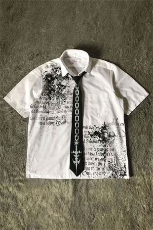 Beyaz Skull Gotik Siyah Kravat Zincir Baskılı Grunge Y2K Unisex Gömlek