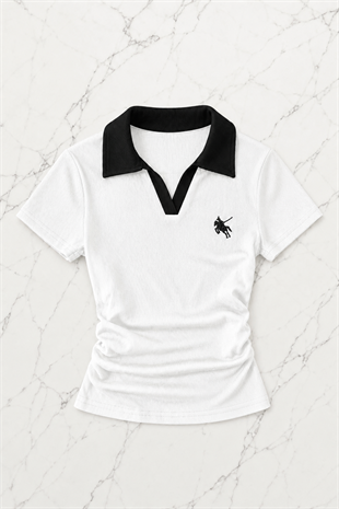 Beyaz Solo Polo Yaka Beyaz Yakalı Bluz