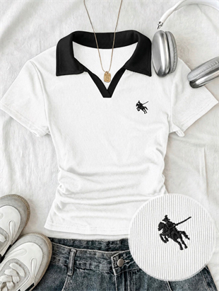 Beyaz Solo Polo Yaka Beyaz Yakalı Bluz