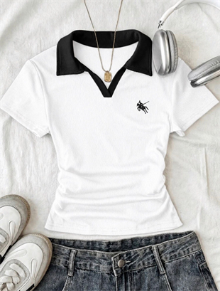 Beyaz Solo Polo Yaka Beyaz Yakalı Bluz