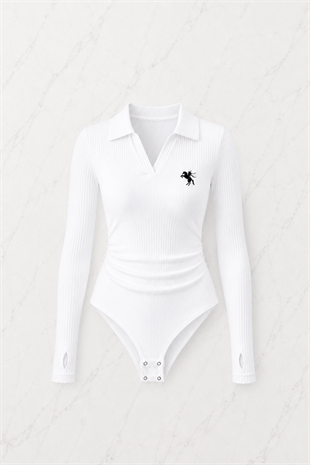 Beyaz Steed Polo Yaka Parmak Geçirme Detaylı Bluz
