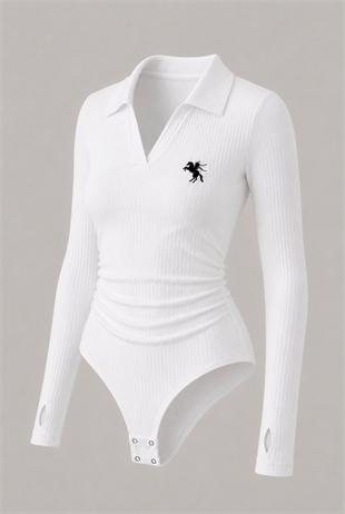 Beyaz Steed Polo Yaka Parmak Geçirme Detaylı Bluz