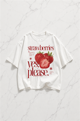 Beyaz Strawberries Baskılı Kısa Kol Oversize T-Shirt