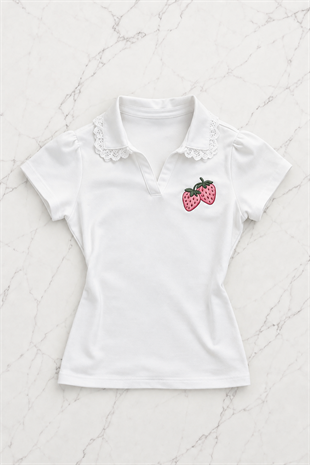 Beyaz Strawberry Dantel Yaka Detaylı Y2K Kısa Kollu Crop