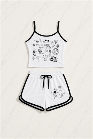 Beyaz Sweet Cherry Askılı Şort Takım
