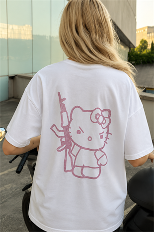 Beyaz Taşlı Hello Kitty Premium Oversize T-shirt