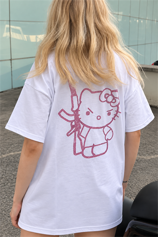 Beyaz Taşlı Hello Kitty Premium Oversize T-shirt