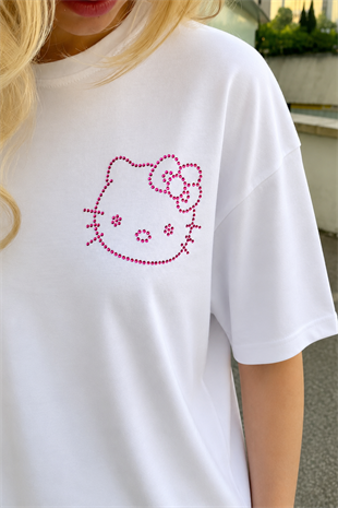 Beyaz Taşlı Hello Kitty Premium Oversize T-shirt