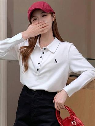 Beyaz Tek Boynuzlu At Baskılı Polo Yaka Düğmeli Uzun Kol Tshirt