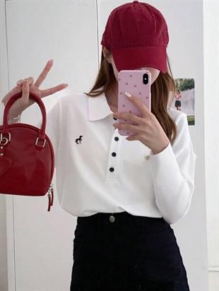 Beyaz Tek Boynuzlu At Baskılı Polo Yaka Düğmeli Uzun Kol Tshirt