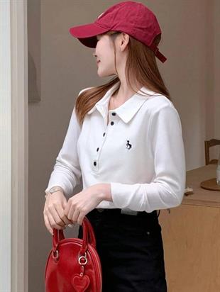 Beyaz Tek Boynuzlu At Baskılı Polo Yaka Düğmeli Uzun Kol Tshirt